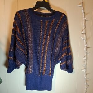Moda International Navy Blue Sweater with Metallic Copper Stripes